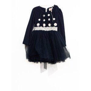 YY Girls Navy Blue White Cotton Tutu Dress Floral Lace Round Neck Long Sleeve 9